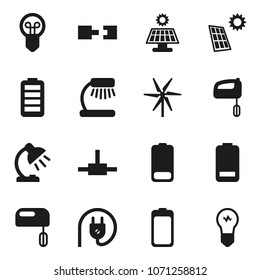 Flat vector icon set - table lamp vector, battery, connect, connection, solar panel, windmill, power plug, mixer, bulb