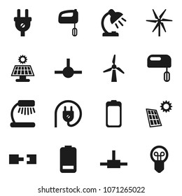 Flat vector icon set - table lamp vector, battery, connect, connection, solar panel, windmill, power plug, mixer, bulb
