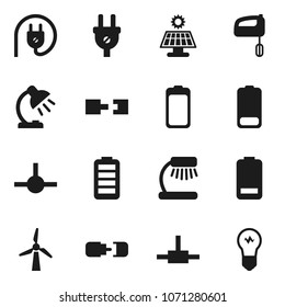 Flat vector icon set - table lamp vector, battery, connect, connection, solar panel, windmill, power plug, mixer, bulb