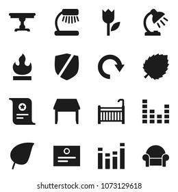 Flat vector icon set - table lamp vector, certificate, leaf, tulip, protected, flammable, equalizer, redo, crib, cushioned furniture