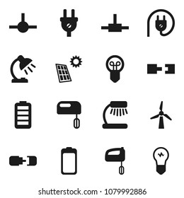 Flat vector icon set - table lamp vector, battery, connect, connection, solar panel, windmill, power plug, mixer, bulb