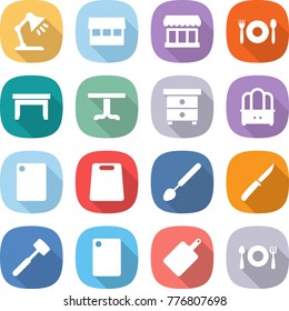 flat vector icon set - table lamp vector, market, cafe, nightstand, dresser, cutting board, big spoon, knife, meat hammer, fork plate
