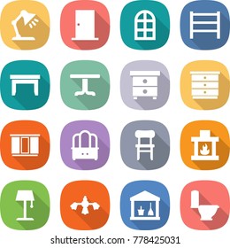 flat vector icon set - table lamp vector, door, arch window, rack, nightstand, chest of drawers, wardrobe, dresser, chair, fireplace, floor, hard reach place cleaning, utility room, toilet