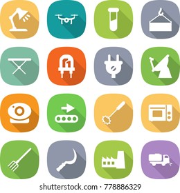 flat vector icon set - table lamp vector, drone, test vial, loading crane, iron board, led, plug, satellite antenna, web camera, conveyor, whisk, grill oven, fork, sickle, factory, sweeper