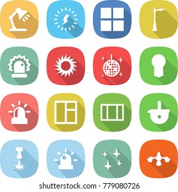 flat vector icon set - table lamp vector, lightning, window, outdoor light, alarm, sun, disco ball, bulb, ladle, laser, siren, shining, hard reach place cleaning