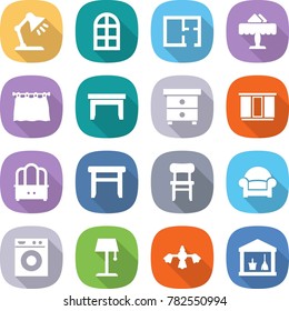 flat vector icon set - table lamp vector, arch window, plan, restaurant, curtain, nightstand, wardrobe, dresser, stool, chair, armchair, washing machine, floor, hard reach place cleaning