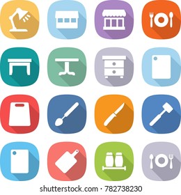 flat vector icon set - table lamp vector, market, cafe, nightstand, cutting board, big spoon, knife, meat hammer, salt pepper, fork plate