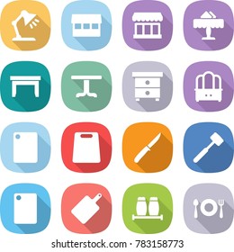 flat vector icon set - table lamp vector, market, restaurant, nightstand, dresser, cutting board, knife, meat hammer, salt pepper, fork spoon plate