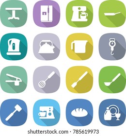 flat vector icon set - table vector, fridge, coffee maker, pan, kettle, measuring cup, handle scales, garlic clasp, whisk, spatula, ladle, meat hammer, bread, dish cleanser