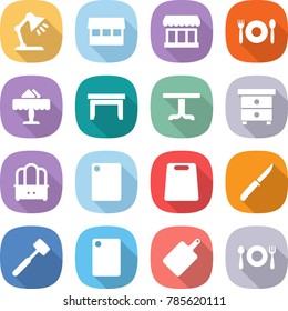 flat vector icon set - table lamp vector, market, cafe, restaurant, nightstand, dresser, cutting board, knife, meat hammer, fork spoon plate