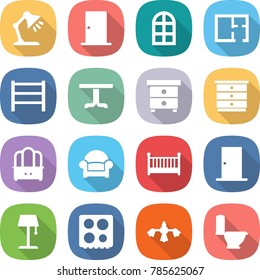 flat vector icon set - table lamp vector, door, arch window, plan, rack, nightstand, chest of drawers, dresser, armchair, crib, floor, hob, hard reach place cleaning, toilet