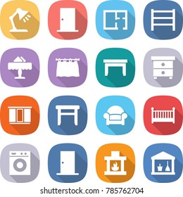 flat vector icon set - table lamp vector, door, plan, rack, restaurant, curtain, nightstand, wardrobe, stool, armchair, crib, washing machine, fireplace, utility room