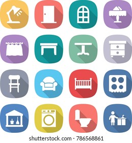 flat vector icon set - table lamp vector, door, arch window, restaurant, curtain, nightstand, chair, armchair, crib, hob, utility room, washing machine, toilet, kitchen cleaning