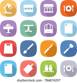 flat vector icon set - table lamp vector, market, cafe, restaurant, dresser, cutting board, big spoon, knife, meat hammer, salt pepper, fork plate