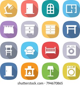 flat vector icon set - table lamp vector, door, arch window, plan, curtain, nightstand, chest of drawers, stool, chair, armchair, crib, washing machine, fireplace, floor