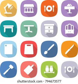 flat vector icon set - table lamp vector, market, cafe, restaurant, nightstand, dresser, cutting board, big spoon, knife, meat hammer, salt pepper, fork plate