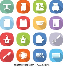 flat vector icon set - table vector, fridge, coffee maker, toaster, cutting board, colander, measuring cup, apron, cook glove, whisk, chef knife, gas oven, spices, sponge