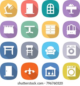 flat vector icon set - table lamp vector, door, arch window, restaurant, curtain, chest of drawers, dresser, stool, chair, armchair, washing machine, hard reach place cleaning, utility room