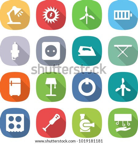 flat vector icon set - table lamp vector, sun power, windmill, battery, spark plug, socket, iron, board, fridge, floor, on off button, hob, blender, water pump, hand dryer