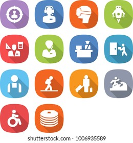flat vector icon set - target audience vector, call center, virtual mask, jet robot, architector, support manager, customs control, courier delivery, workman, tourist, passenger, surfer, invalid