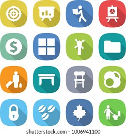 flat vector icon set - target vector, presentation, courier, dollar coin, window, windmill, documents, passenger, table, chair, atom core, lock, coffee seeds, maple leaf, toilet cleaning
