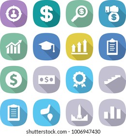 flat vector icon set - target audience vector, dollar, magnifier, money gift, diagram, graduate hat, graph up, clipboard, coin, medal, stairs, golf, rocket start, chart
