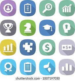flat vector icon set - target audience vector, clipboard, dollar magnifier, diagram, trophy, chess horse, graduate hat, bulb head, graph up, puzzle, coin, money, medal, golf, chart