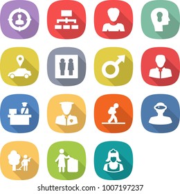 flat vector icon set - target audience vector, hierarchy, woman, bulb head, car pointer, wc, male sign, client, customs control, security man, tourist, vr helmet, garden cleaning, garbage bin