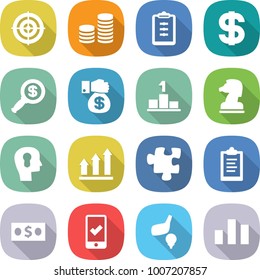 flat vector icon set - target vector, coin stack, clipboard, dollar, magnifier, money gift, pedestal, chess horse, bulb head, graph up, puzzle, mobile checking, golf, chart