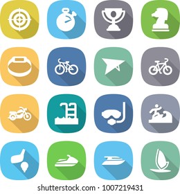 flat vector icon set - target vector, stopwatch, trophy, chess horse, smart bracelet, bike, deltaplane, motorcycle, pool, diving mask, surfer, golf, jet ski, yacht, windsurfing