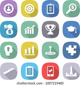 flat vector icon set - target audience vector, clipboard, dollar magnifier, money gift, diagram, trophy, graduate hat, bulb head, graph up, puzzle, stairs, mobile checking, rocket start