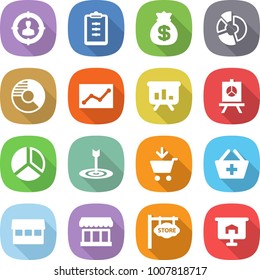 flat vector icon set - target audience vector, clipboard, money bag, circle diagram, statistics, presentation, add to cart, basket, market, store signboard