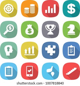 flat vector icon set - target vector, coin stack, graph, dollar, magnifier, money bag, trophy, chess horse, bulb head, up, puzzle, clipboard, mobile checking, golf, stairs