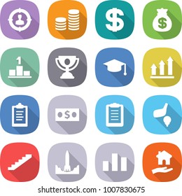 flat vector icon set - target audience vector, coin stack, dollar, money bag, pedestal, trophy, graduate hat, graph up, clipboard, golf, stairs, rocket start, chart, housing