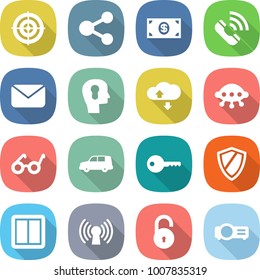 flat vector icon set - target vector, share, money, call, mail, bulb head, cloud service, ufo, pacemaker, car shipping, key, shield, power switch, antenna, unlock, projector