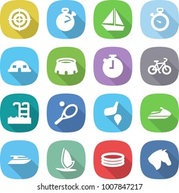 flat vector icon set - target vector, stopwatch, boat, dome house, stadium, bike, pool, tennis, golf, jet ski, yacht, windsurfing, inflatable, horse