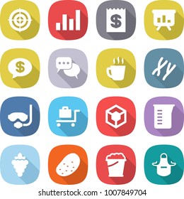 flat vector icon set - target vector, graph, receipt, presentation, money message, discussion, hot drink, chromosomes, diving mask, baggage trolley, 3d, measuring cup, grape, potato, foam bucket