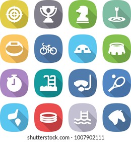 flat vector icon set - target vector, trophy, chess horse, smart bracelet, bike, dome house, stadium, stopwatch, pool, diving mask, tennis, golf, inflatable