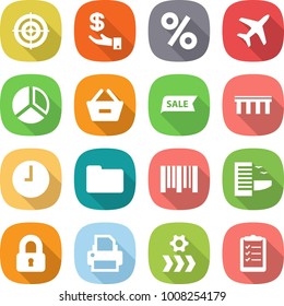 flat vector icon set - target vector, investment, percent, plane, diagram, remove from basket, sale, bridge, clock, documents, bar code, hotel, locked, printer, conveyor, clipboard list