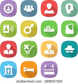 flat vector icon set - target audience vector, group, woman, bulb head, pass card, male sign, reflector, broken hand, client, do not trolley, security man, confidential, detector, bed