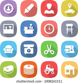 flat vector icon set - target audience vector, marker, woman, car pointer, tools, customs control, watch, chair, armchair, kitchen scales, scissors, coffee maker, steake, pancakes, tractor, house