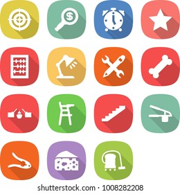 flat vector icon set - target vector, dollar magnifier, alarm clock, star, abacus, table lamp, pencil wrench, bone, drawbridge, Chair for babies, stairs, garlic clasp, walnut crack, cheese