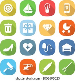 flat vector icon set - target vector, boat, bulb, phone wireless, bin, gift, diamond, baby stroller, shoes, heart cross, dropper, garage, repair, helicopter, rolling pin, fork