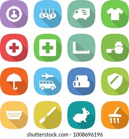 flat vector icon set - target audience vector, sale, delivery, t shirt, medical cross, ruler, port, dry cargo, transfer, pipes, shield, colander, spatula, rabbit, vacuum cleaner