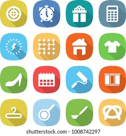 flat vector icon set - target vector, alarm clock, gift, calculator, lightning, chip, home, t shirt, shoes, calendar, repair, wardrobe, hanger, pan, ladle, pretzel