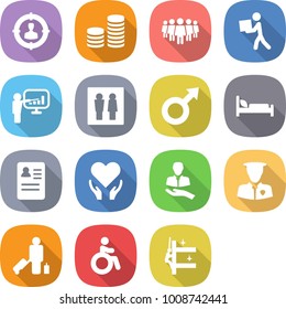 flat vector icon set - target audience vector, coin stack, team, courier, presentation, wc, male sign, hospital bed, anamnesis, health care, client, security man, passenger, invalid