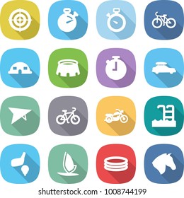 flat vector icon set - target vector, stopwatch, bike, dome house, stadium, car baggage, deltaplane, motorcycle, pool, golf, windsurfing, inflatable, horse