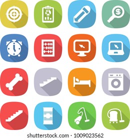 flat vector icon set - target vector, report, pencil, dollar magnifier, alarm clock, abacus, monitor arrow, notebook, bone, stairs, bed, washing machine, pasta, vacuum cleaner