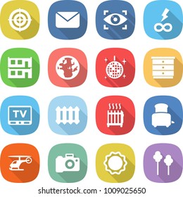 flat vector icon set - target vector, mail, eye identity, infinity power, modular house, globe, disco ball, chest of drawers, tv, radiator, toaster, helicopter, camera, induction oven, trees