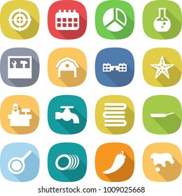 flat vector icon set - target vector, calendar, diagram, round flask, tools, barn, school, starfish, reception, water tap, towels, pan, plates, hot pepper, spot